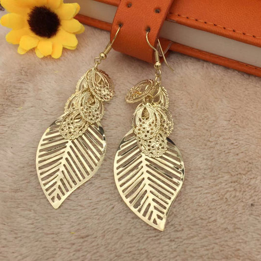 Hollow-out leaves water drop garland earrings temperament ladies earrings night party ball accessories