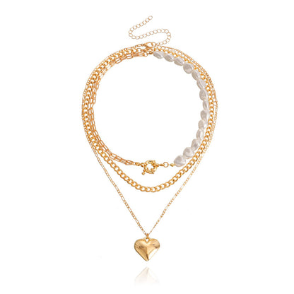 ins metal special-shaped pearl exaggerated big peach heart necklace female Valentine's Day multi-layer love necklace sweater chain female