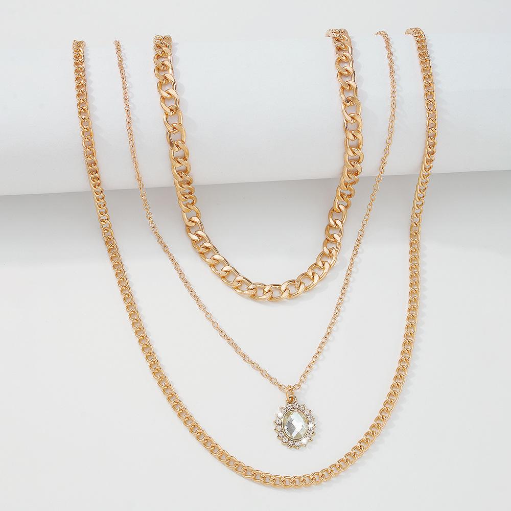 N9692 Multilayer Necklace Geometric Glass Diamond Thick Chain Necklace Fashion Temperament Alloy Necklace