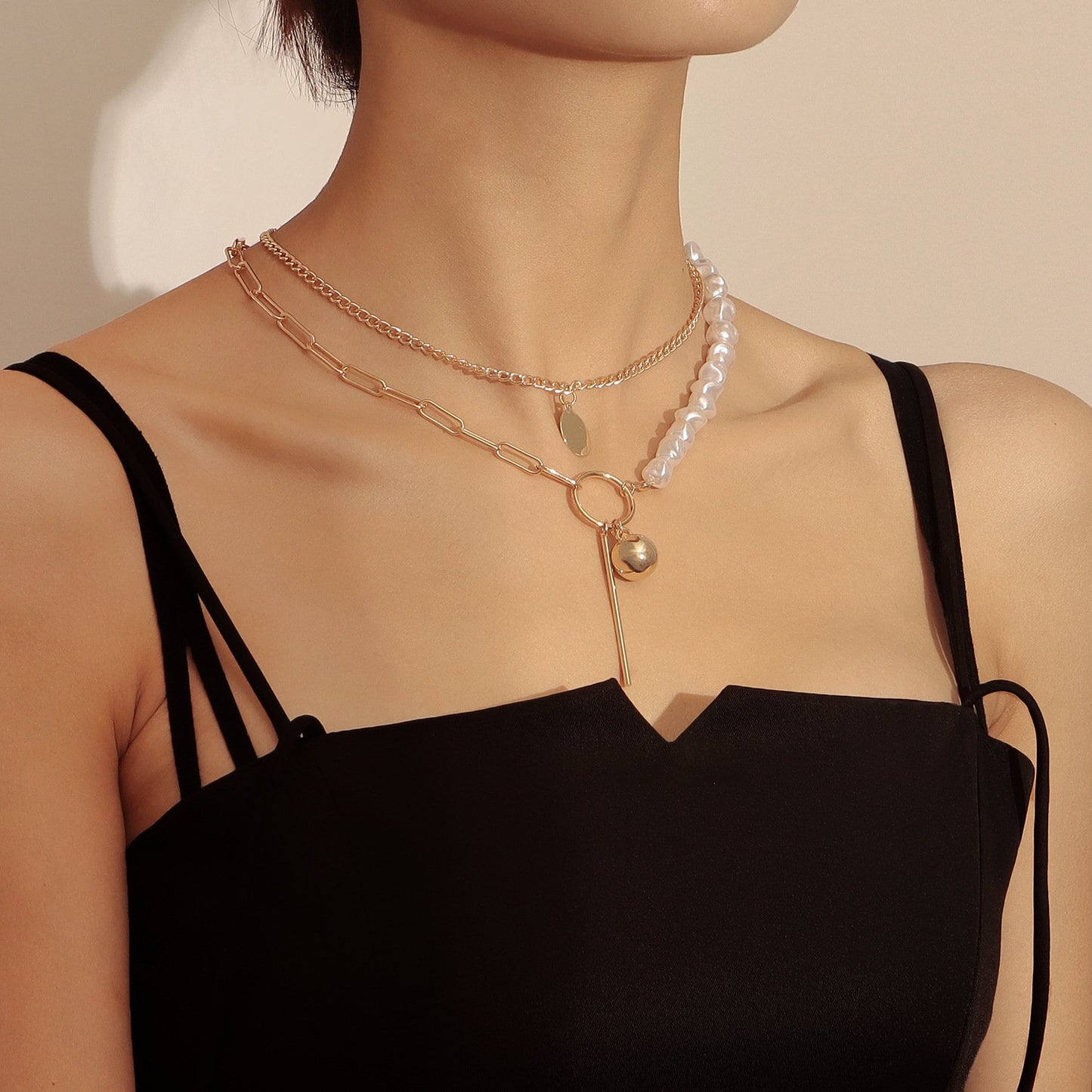 Jewelry Stitching Chain Imitation Baroque Shaped Pearl Necklace Geometric Ball Long Stick Pendant Necklace