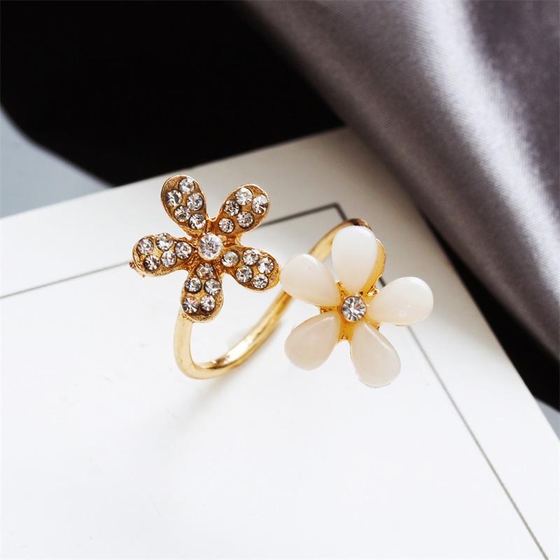 Opal flower open ring micro-paved diamond five-leaf flower ring popular jewelry