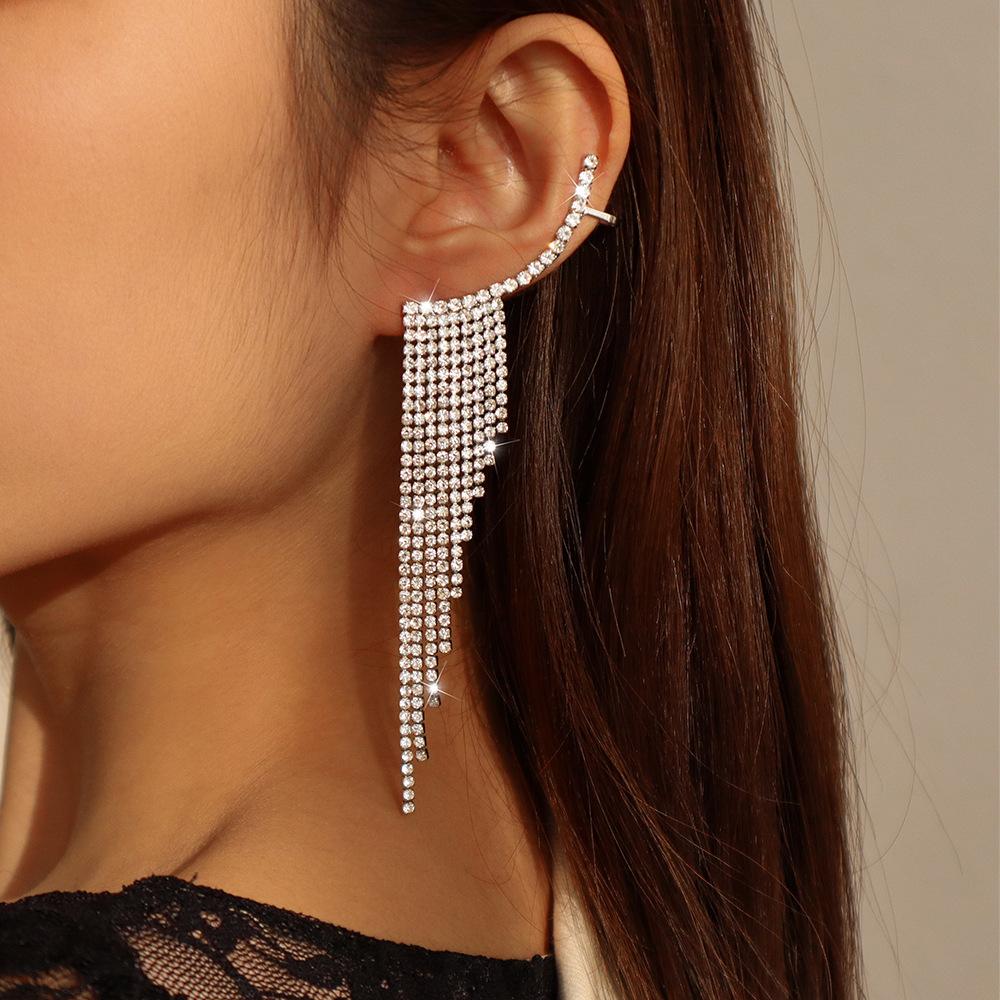E1274 Temperament Simple Pop Earrings Net Red Tassel Rhinestone Ear Needles Geometric Banquet Exaggerated Earrings
