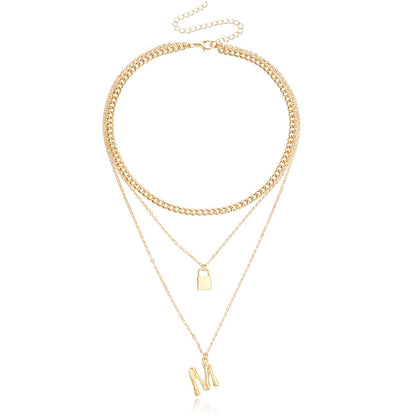 Explosive multi-layer necklace female fashion letter M pendant necklace multi-layer personalized padlock accessories
