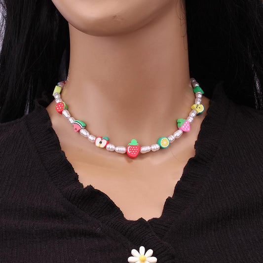 Fashion trend net red imitation pearl soft pottery flower clavicle chain ins a variety of fruit necklace