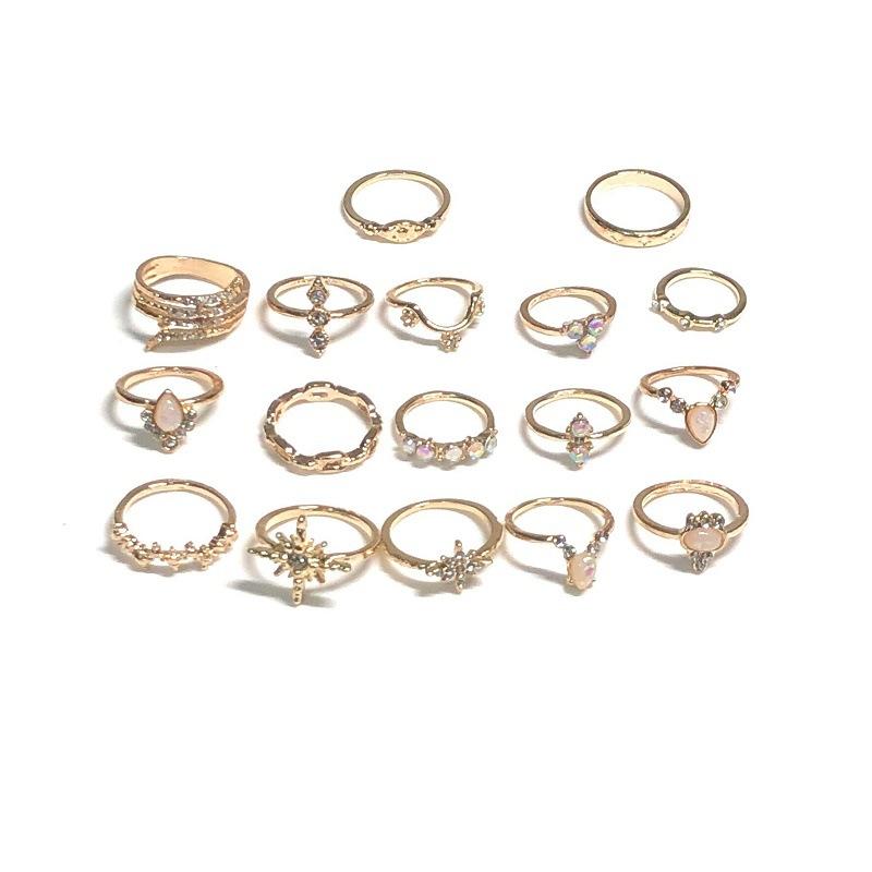 Bohemian gemstone pearl alloy gold-plated ring ring 17-piece set diamond set ring jewelry