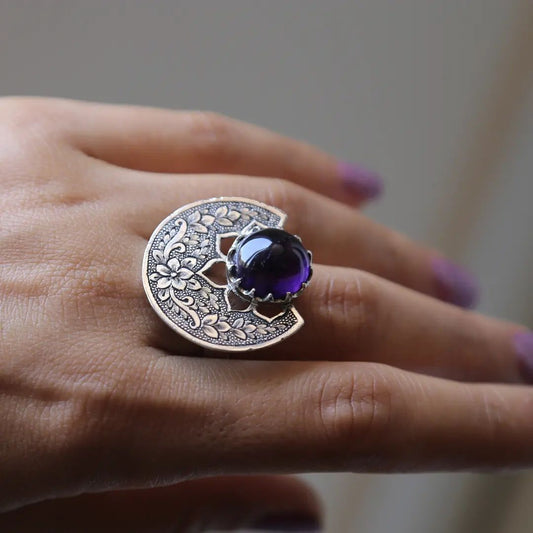 Retro purple gemstone ring Bohemian ethnic carving flower fan-shaped index finger ring ins jewelry