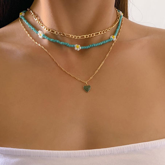 French retro painting oil heart-shaped small daisy rice bead necklace simple metal thin chain necklace female