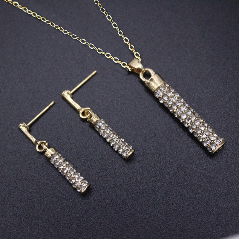 Fashion Ladies Rhinestone Full Diamond Cylinder Necklace Earrings Set Jewelry