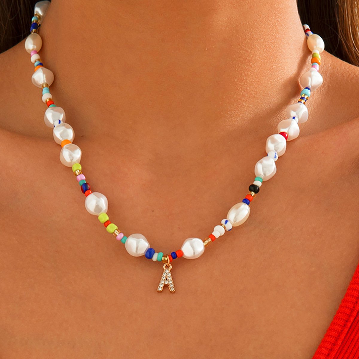 Jewelry simple retro imitation pearl rice bead necklace sweet cool diamond letter A pendant necklace