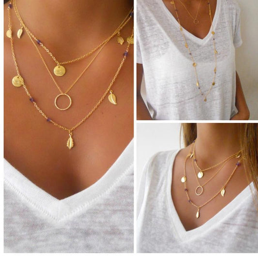 Multi-element combination necklace sequin leaf tassel pendant handmade necklace