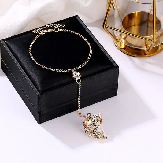 Creative Finger Jewelry Fashionable Beautiful Diamond Hollow Leaf Ring Siamese Personality Bracelet Female