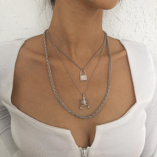 N951 personalized multi-layer chain necklace trendy cool lobster small lock necklace stacked exaggerated creative necklace female