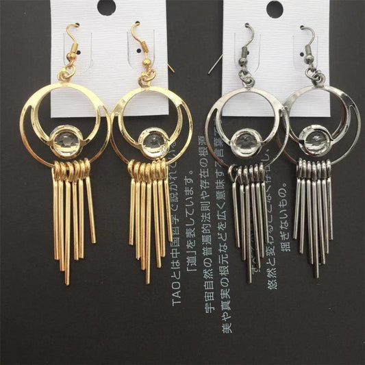 Metal strip tassel earrings women's imitation zircon earrings popular jewelry of ethnic minorities in Yunnan, India
