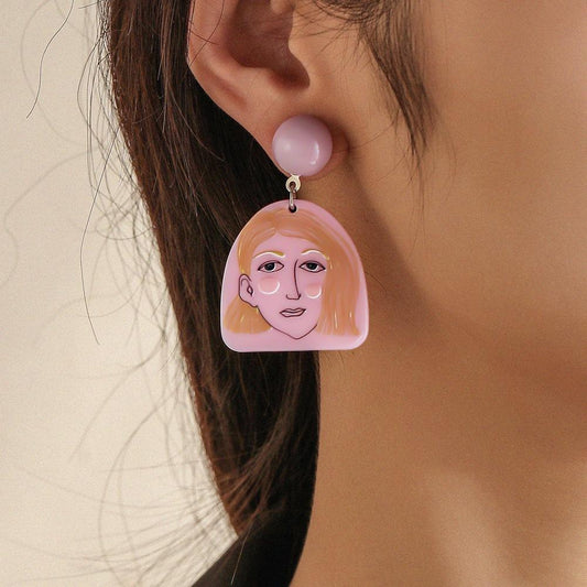 Retro Pink Beauty Acrylic Graffiti Earrings Cute Personality Geometric Design Touching Face Earrings