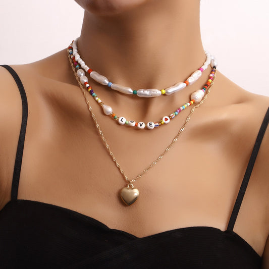 Jewelry multi-layer color rice beads LOVE letter peach heart pendant necklace female niche creative necklace
