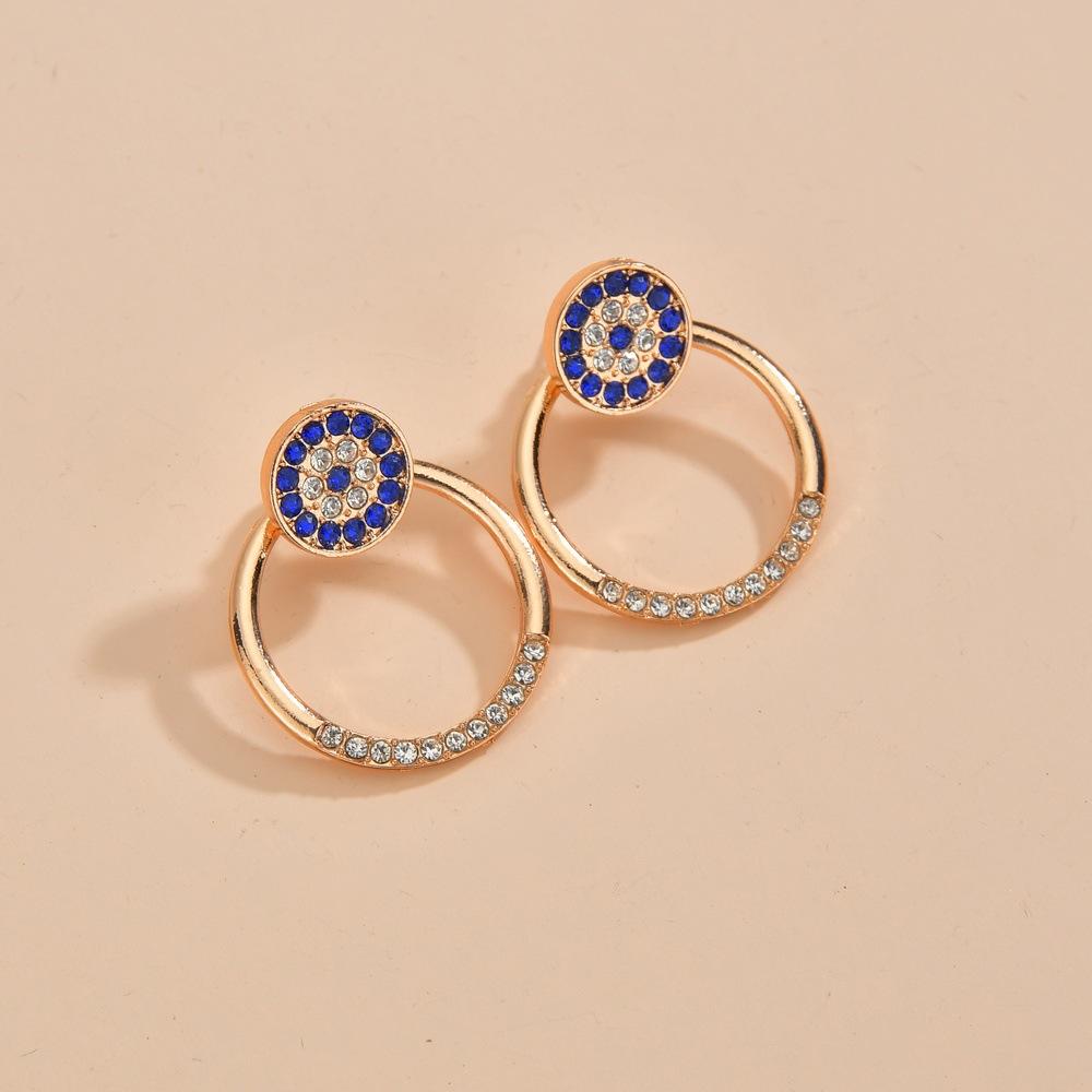 Pop Sapphire Blue Rhinestone Earrings Retro Fashion Alloy Size Round Earrings Front and Back Stud Earrings