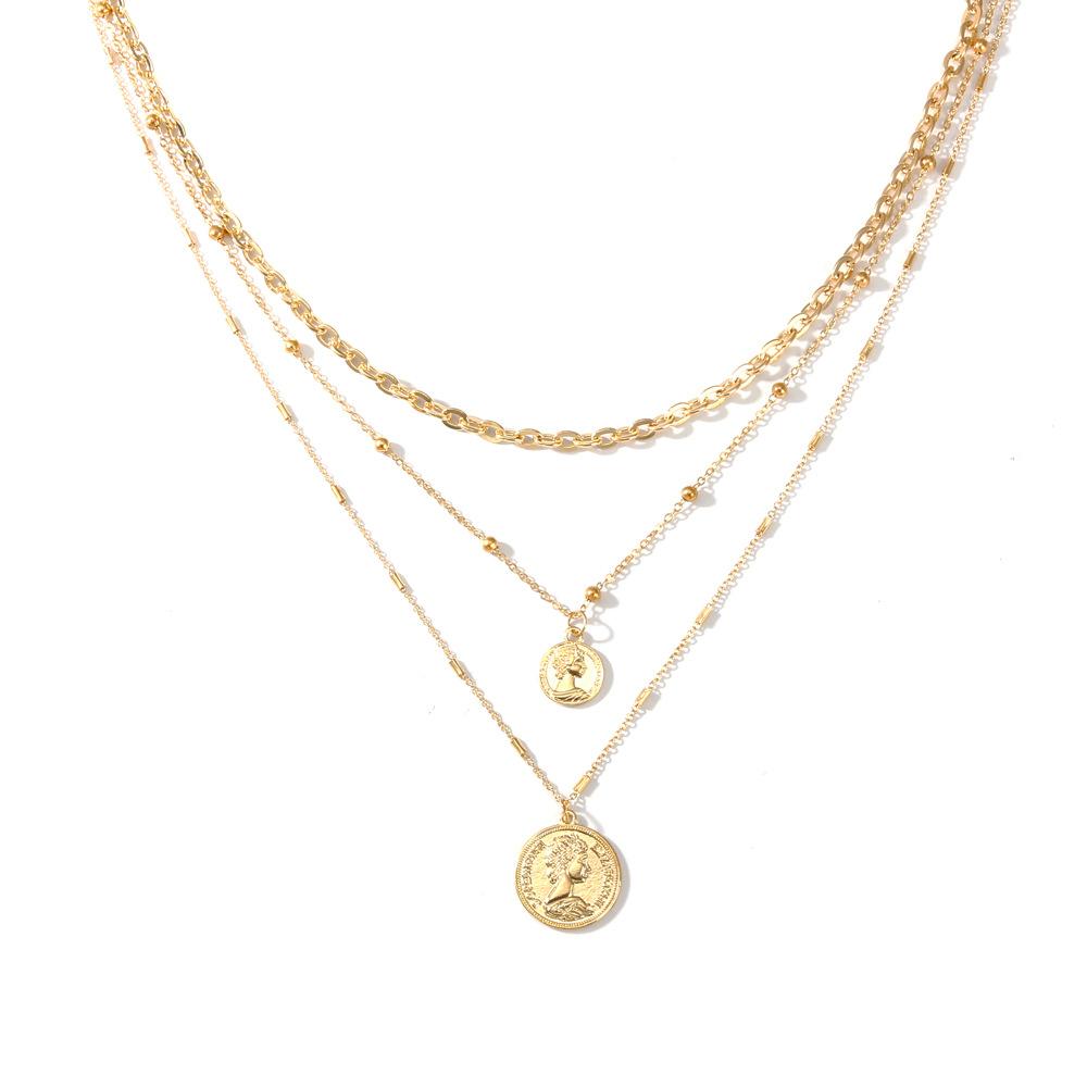 Ins exaggerated multi-layer portrait necklace punk hip-hop trendy metal thick chain stacked coin necklace female