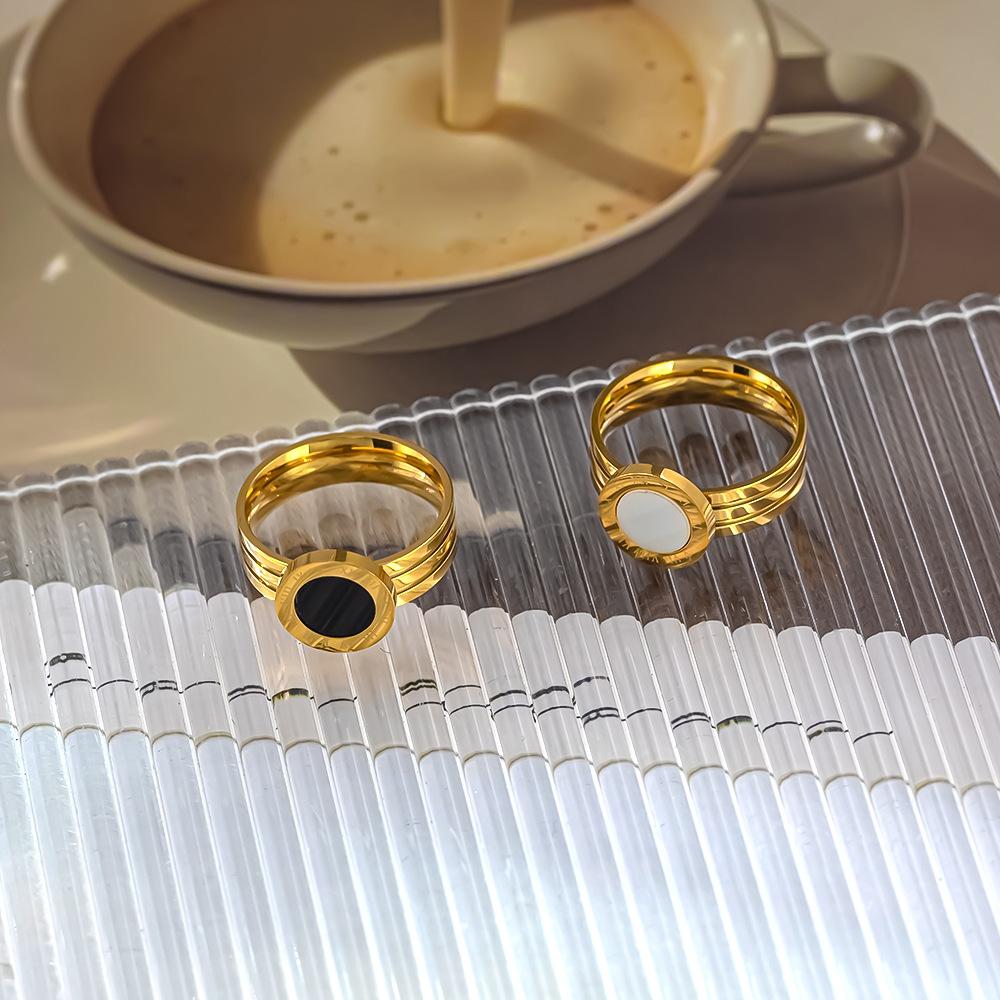 Stainless steel Roman numeral ring real mother-of-pearl disc compass ring female ring 18K gold jewelry