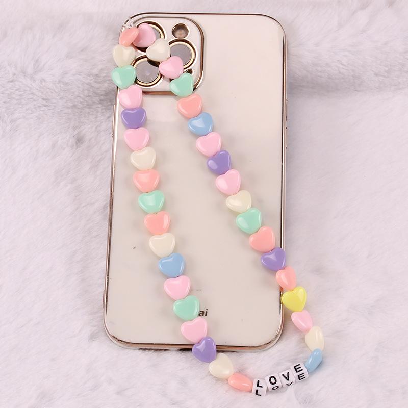 Simple Bohemian soft pottery peach heart mobile phone lanyard mixed color beads mobile phone chain female ornament