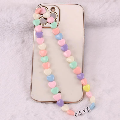 Simple Bohemian soft pottery peach heart mobile phone lanyard mixed color beads mobile phone chain female ornament