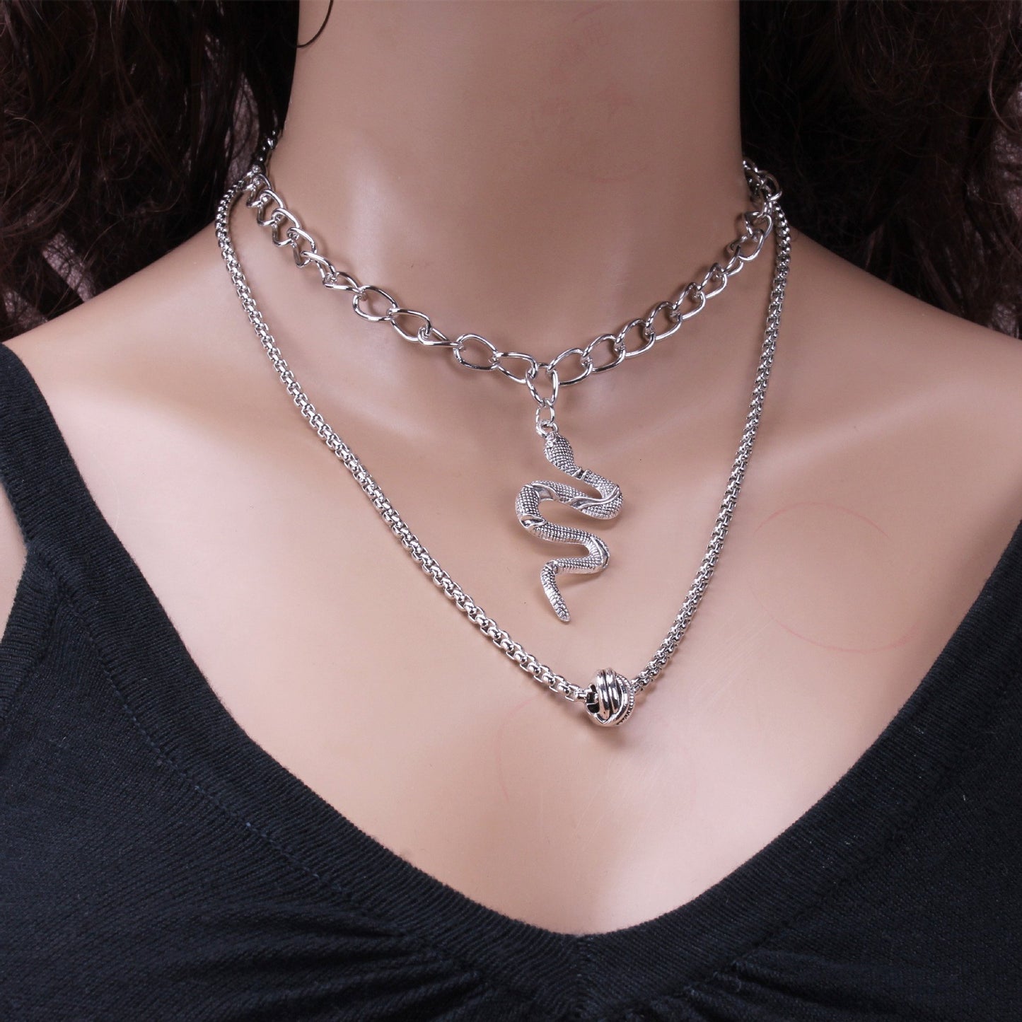 Jewelry Fashion Geometric Double Layer Versatile Lock Key Necklace Retro Snake Pendant Necklace Female