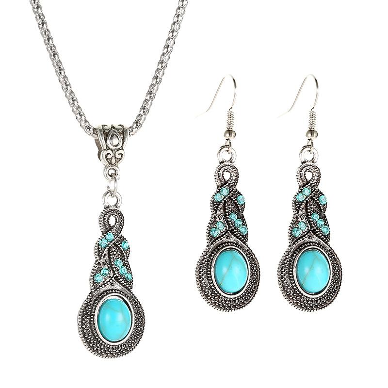 Trendy Vintage Pattern Blue Crystal Embellished Turquoise Drop Earrings Boho Statement Earrings