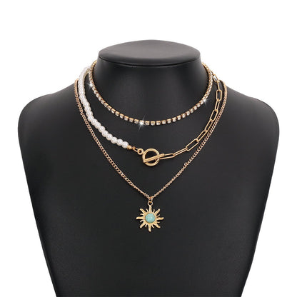1222 exaggerated multi-layered necklace claw chain pearl chain splicing necklace sun flower retro necklace