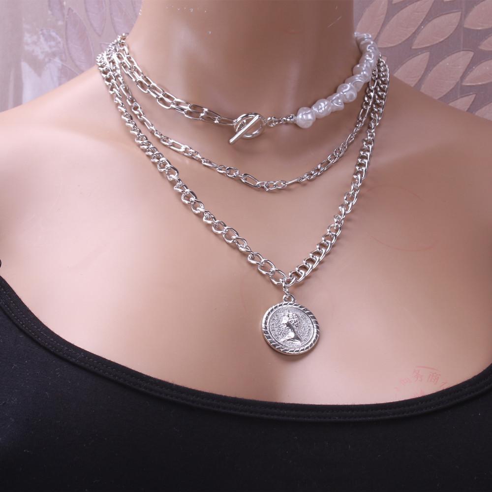 Jewelry Fashion Imitation Pearl Mix Three Layer Chain Necklace Hip Hop Rose Embossed Pendant Necklace