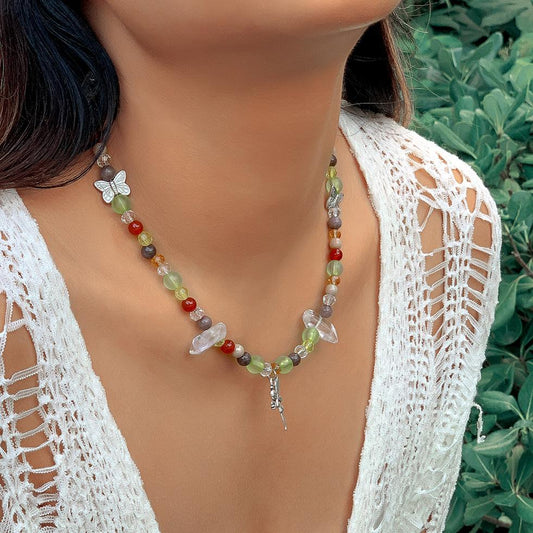 Ornament Mori pastoral elf small butterfly necklace female simple imitation crystal beaded metal necklace