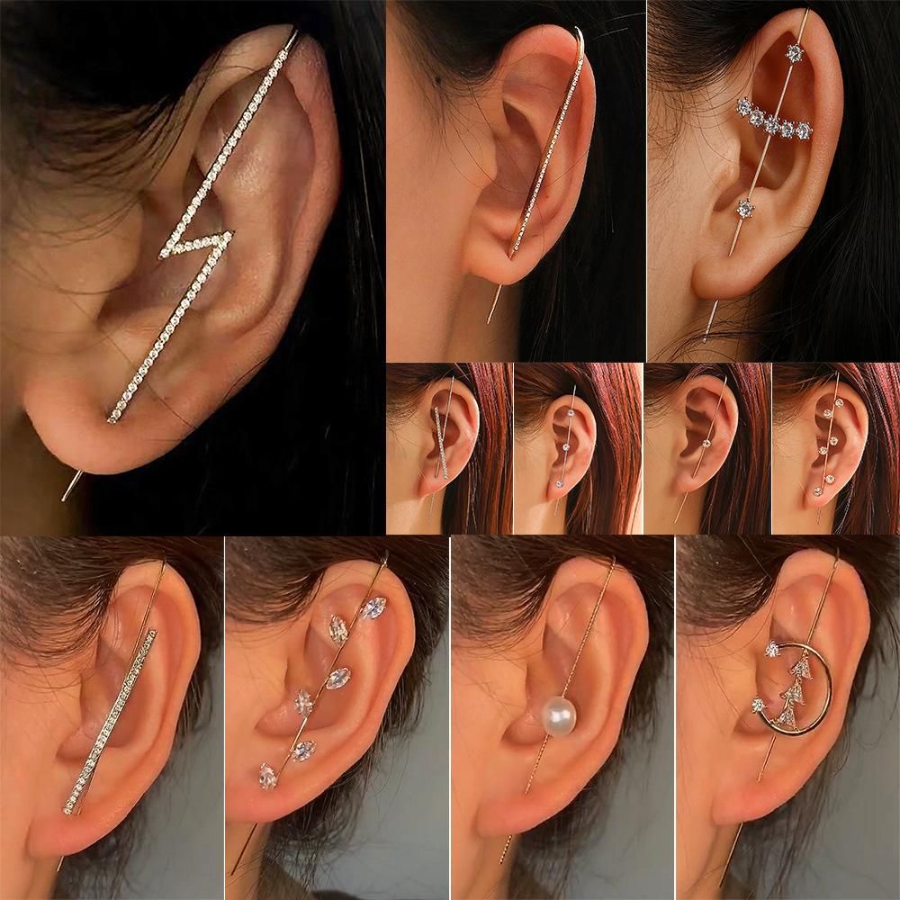 Cold inlaid diamond ear hanging personality simple piercing ear needle female lightning leaf auricle slash earrings