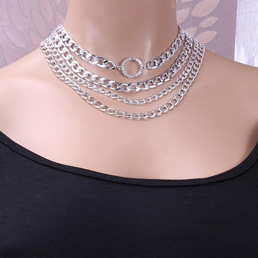 Jewelry Exaggerated Punk Trend Multilayer Necklace Fashion Diamond Circle Thick Aluminum Chain Necklace Female