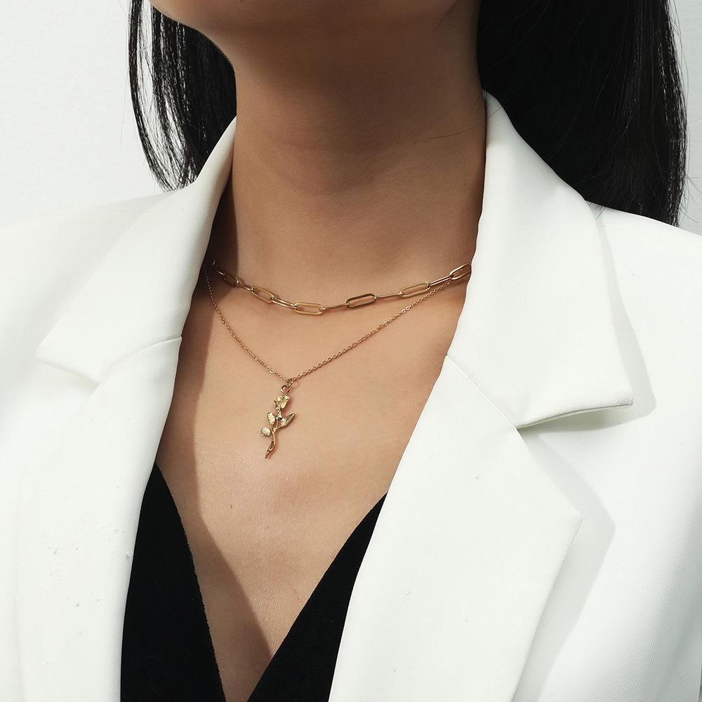 Simple double-layer stainless steel necklace temperament niche design rose clavicle chain pendant necklace