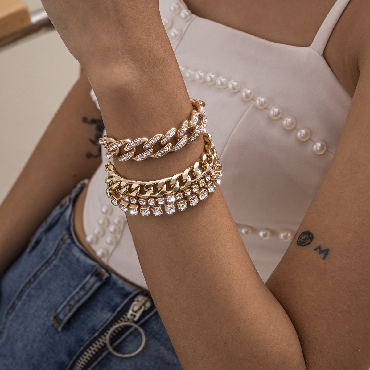 Jewelry Simple Retro Full Diamond Cuban Chain Bracelet Personality Punk Diamond Chain Bracelet Set