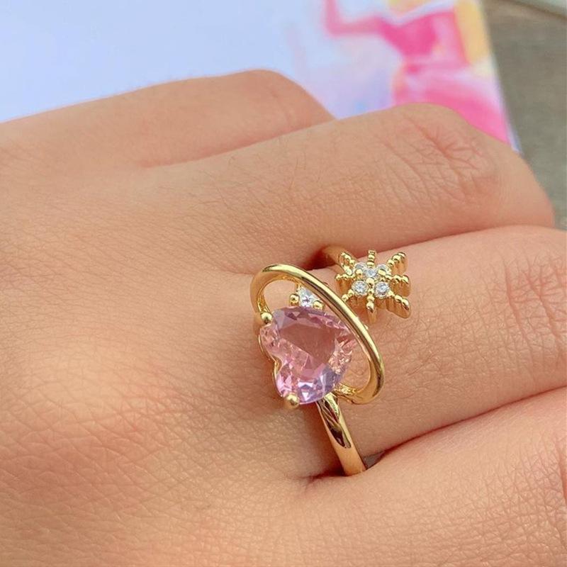 Ins pink love open ring fashion temperament micro-inlaid zircon octagon index finger ring girlfriend gift