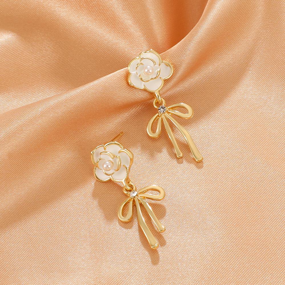 ins camellia bow earrings fashion light luxury niche design pearl tassel earrings temperament earrings