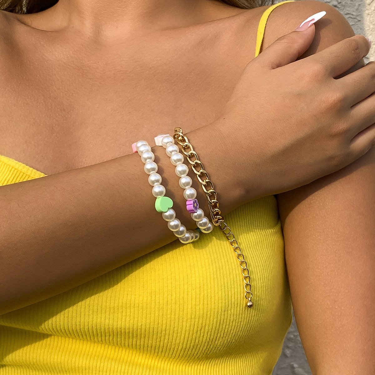 Jewelry Fashion Colorful Random Daisy Heart Bracelet Set Sweet Cool Imitation Pearl Chain Hand Ornaments