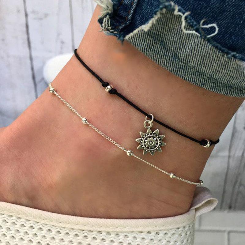 Jewelry Fashion Sunflower Pendant Beach Foot Jewelry Ladies Retro Double Cord Knotted Anklet