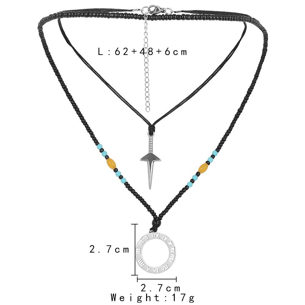 Personality Men's Double Layer Stainless Steel Sword Circle Roman Numeral Pendant Rope Bead Necklace