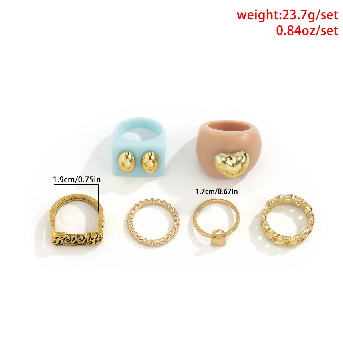 Mix and match lock-shaped peach heart letters multi-element ring set macaron color acrylic stacked rings for women