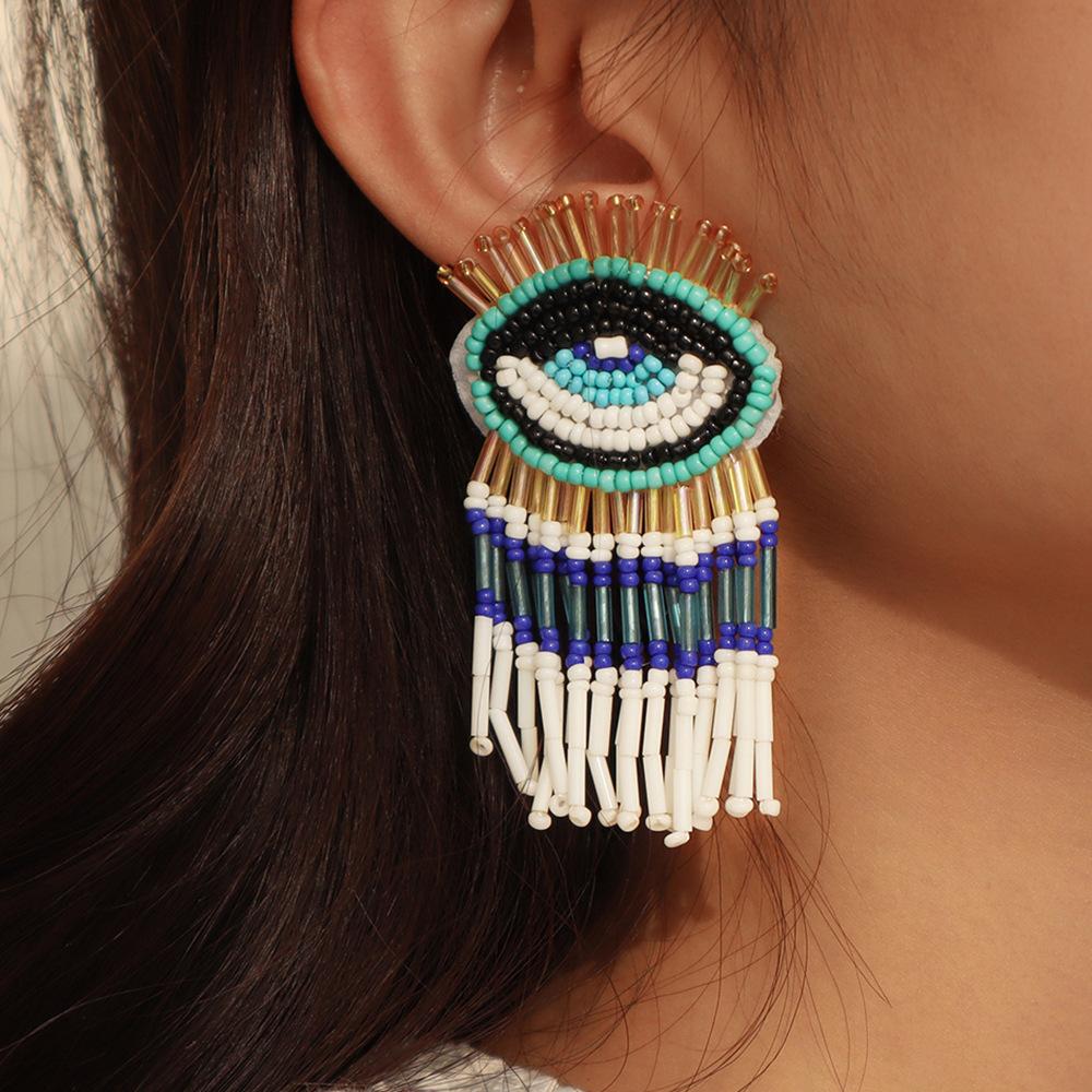 E1317 Bohemian Personality Tassel Earrings Exaggerated Devil's Eye Stud Earrings Beaded Contrasting Color Earrings