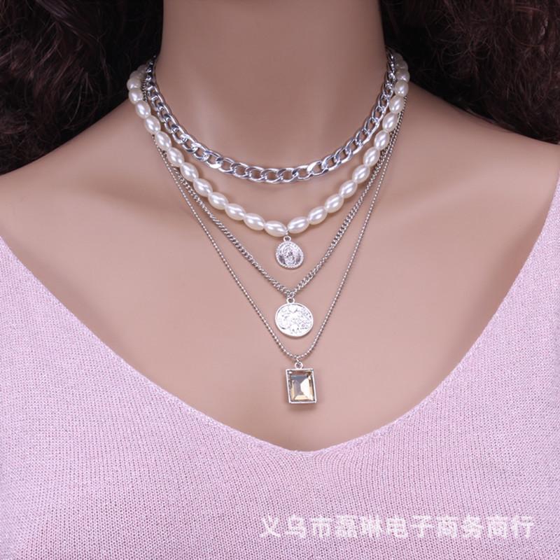 Jewelry Retro Multi-layer Mix and Match Imitation Pearl Necklace Simple Geometric Embossed Necklace Female