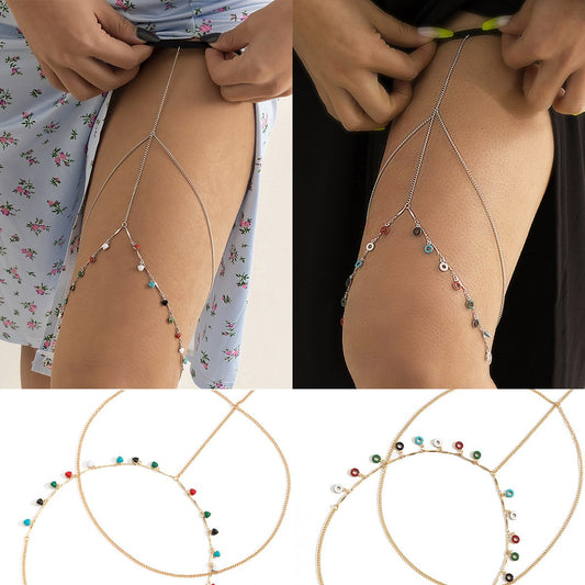 Jewelry Sexy Beach Round Tassel Body Chain Female Night Color Double Layer Chain Thigh Chain