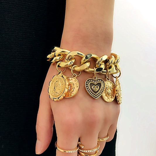 Jewelry Retro Personality Embossed Portrait Pendant Hand Decoration Exaggerated Geometric Peach Heart Punk Bracelet Female