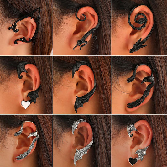 Retro punk elf flying dragon ear hanging single creative metal cat bat without hole ear bone clip