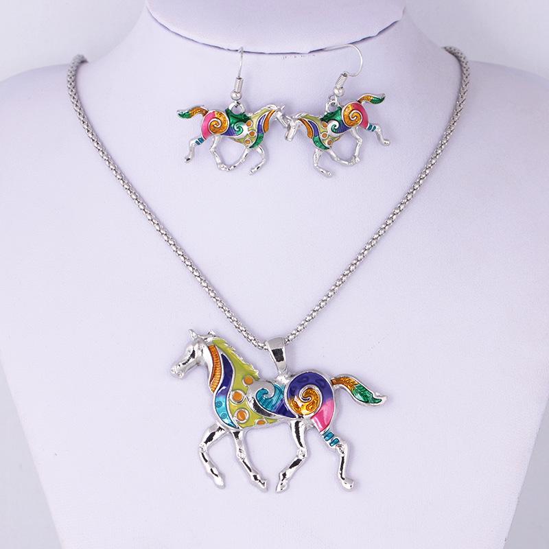 Spring and summer fashion dripping oil rainbow horse earrings necklace set ethnic glaze jewelry X898