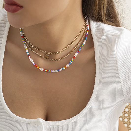 Jewelry Claw Chain Metal Alphabet Sequin Necklace Ethnic Color Rice Beads Imitation Pearl Multilayer Necklace