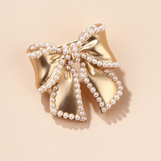 Fashion temperament metal matte gold bow corsage full of pearl flower brooch combination matching female