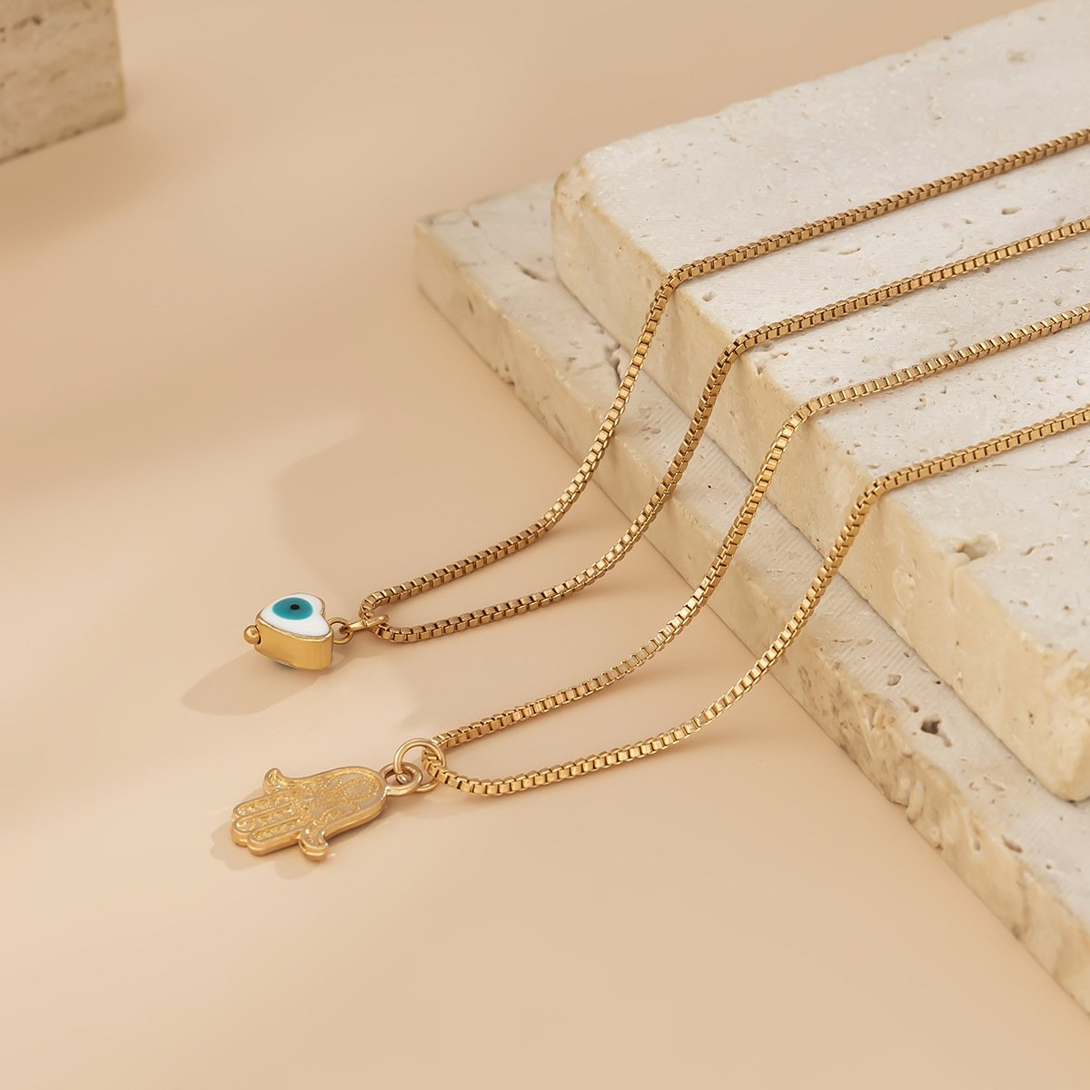 Jewelry Retro Bergamot Stacked Geometric Necklace Simple Double-layer Box Chain Peach Heart Eye Necklace