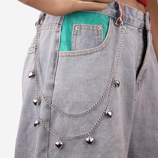 Punk fashion ins jewelry men and women trend hip-hop lock-shaped body chain double-layer peach heart jeans chain