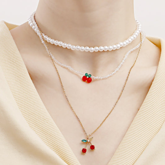 Jewelry fashion double red cherry pendant necklace female imitation pearl necklace ins necklace